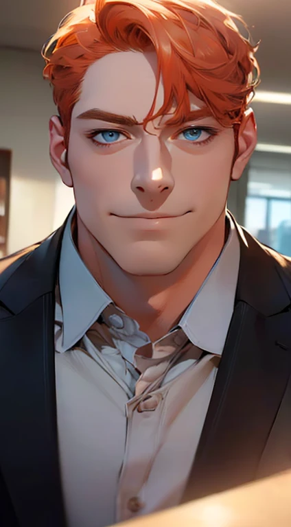 (best quality,4k,8k,highres,masterpiece:1.2),ultra-detailed,(realistic,photorealistic,photo-realistic:1.37),1 man,3,mature man,very handsome,without expression,smile,short grey Orange hair,blue eyes,penetrating gaze,perfect face without errors,imposing posture,businessman,office background,cinematic lighting,hdr image