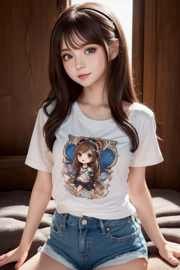 (artwork), (amazing work), (indirect linear lighting), (Chibi-cute studios), (beautiful anime gif), (cute cute kawaii), (extremely detailed 8k CG unit wallpaper), (1 girl) with a cute nirvana t-shirt, long brown hair, wearing a bandana, white skin, blue eyes, sexy, wearing jean minishorts (cute kawaii)