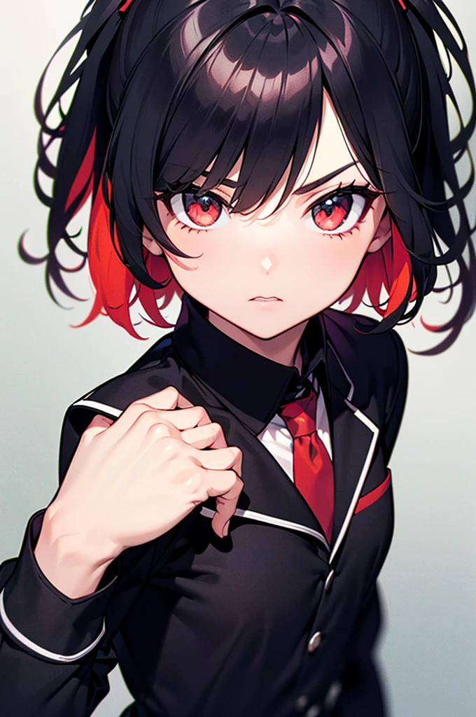 (highest quality: 1.2, very detailed, latest, vibrant, ultra-high resolution, high contrast, masterpiece: 1.2, highest quality, best aesthetics, detailed background, detailed face, looking at the viewer, detailed clothing, detailed background, detailed eye, detailed hair), alone, 1 boy, black hair, straight hair, short bangs, full body, serious face, hands in pocket, black school uniform