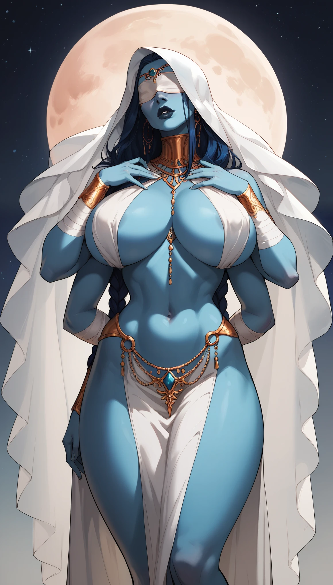 (four arms), Blue skin alien sorceress, huge breasts, huge dark blue lips, four arms, extra arms, white blindfold covering top of her head, veil, hood, flowing white robes, long flowing skirts, pelvic curtain, arm and leg wraps, gold trim, elaborate gold headress, crop top, long flowing pelvic curtain, tall, toned, graceful, thin, long dark blue braid. Action scene, night sky, moon