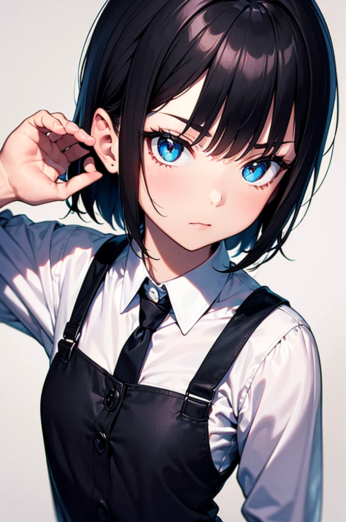 (highest quality: 1.2, very detailed, latest, vibrant, ultra-high resolution, high contrast, masterpiece: 1.2, highest quality, best aesthetics, detailed background, detailed face, looking at the viewer, detailed clothing, detailed background, detailed eye, detailed hair), alone, male, black hair, straight hair, short bangs, full body, serious face, hands in pocket, black school uniform, open uniform, white shirt, tie