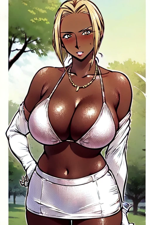 (masterpiece, Best Quality:1.2), (((1 person, Alone)))、(((Huge breasts)))、Improve、Dark-skinned Ganguro、Sunburn、(((Cowboy Shot:1.2)))、Kogal,、blonde hair、Gold Chain Necklace、Gold bracelet、(((Detailed face:1.3))),((background　Back of the school)),(((Full body photo))),8k,(RAW Photos),(Best Quality),( (masterpiece:1.5)),(Very detailedな),(Ultra-high resolution,),((Realistic, photo Realistic:1.5)),(Very detailed, 8K wallpaper), 1 person,(Beautiful Japanese Women、blonde、:1.3)(Big Breasts、Toned body:1.5), (((Detailed and accurate face))) (((1 person, Alone)))、(((Huge breasts)))、Improve、Dark-skinned Ganguro、Sunburn、Kogal,、,(((Off-the-shoulder bikini top:1.2)))、 (golf mini skirt) , (Wearing golf gloves),Golf Tournament、Blonde short hair、Monochrome、