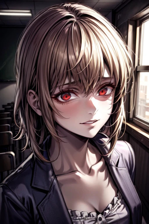 1 boy, 1 girl, high school classroom, after school, {soft lighting}, dramatic angle, {beautiful detailed girl}, "Prince-like girl", short blonde hair, {cool expression}, {sharp eyes}, {intense stare}, {slightly tilted head}, {calm smile}, intricately detailed, {dark atmosphere}, tense mood, {subtle insanity}, standing close to the boy, {distance narrowing}, boy looking away, {conflicted expression}, feeling inadequate, {deciding to break up}, quiet classroom, {shadowy lighting}, masterpiece, extremely detailed, high quality, 8k, very realistic
