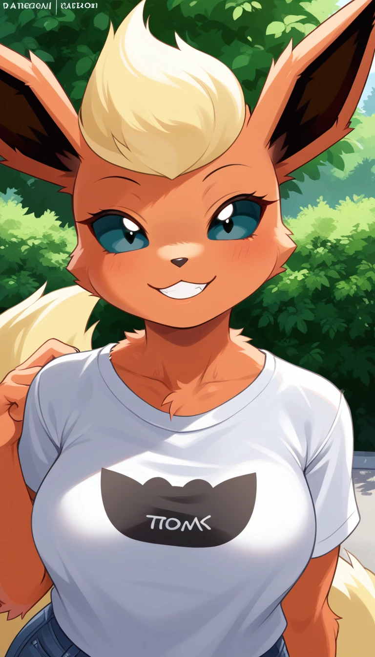 Seductive expression, 1girl, anthro, furry, fur, fluffy fur, jolteon girl, white neck tuft, yellow hair (Orange highlights), black sclera, white eyes, short hair, Messy hair, (19 years), medium breast, thicc thighs, solo, (green background), detailed, smug smile, blue sleeveless shirt, black shorts, half-closed eyes, score_9, score_8_up, score_7_up, score_6_up, score_5_up, score_4_up