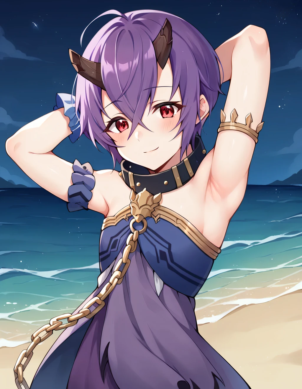 pcshinobu, short hair, purple hair, black horns, broken horn, red eyes, torn clothes, frills, purple dress, strapless dress, sleeveless dress, chain, armlet, black gloves, single elbow glove, frilled wrist cuffs, black collar, bare shoulders, high quality, shiny skin, solo, blushing, night sky, beach, arms behind head, {contrapposto}, closed mouth, spread armpits, cowboy shot, looking at viewer, smile, best quality