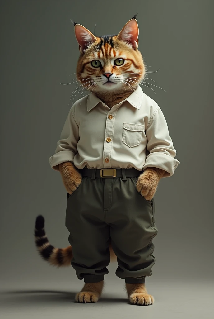 Real  boy in steel blue drill pants, with sweater, White shirt, light grey coat and brown shoes and with kitty (elegant)