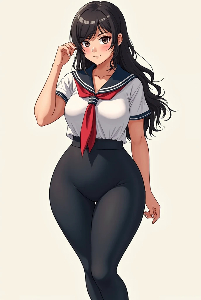 best quality, masterpiece,mona (genshin impact), 1girl, solo, long hair, ass, twintails, looking at viewer, school uniform, swimsuit, long sleeves, sailor collar, one-piece swimsuit, serafuku, looking back, socks, hands on hips, from behind, black hair, swimsuit under clothes, thighs, red neckerchief, neckerchief, shirt, bangs, white shirt, choker, very long hair, closed mouth, black socks, gradient, ribbon, gradient background, blush, green eyes, hair ribbon, alternate costume, blue one-piece swimsuit, kneehighs, standing, floating hair, hair between eyes, purple one-piece swimsuit, black ribbon, hair ornament, simple background, blue sailor collar