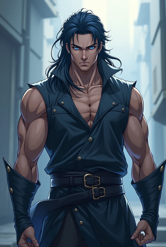 (((Solo character image.))) (((Generate a single character image.)))Create an alluring male character for a fantasy setting. (((Looks like Jaco De Bruyen.))) This is a medieval fantasy setting. (((Solo character image.))) (((Generate a single character image.))) Blond hair in a ponytail. Design a mighty male warrior for Dungeons & Dragons. He is attractive, suave, handsome and sure of himself. He is extremely muscular. Bodybuilder physique. Goth bodybuilder. His sense of fashion reflects a gothic aesthetic. Goth guy. Goth colors. Muscular. Strong. Great abs. Great pecs. Well defined muscles. He appears morose, forlorn and dour. He is attractive, yet pale, wearing dark colors. He has shoulder length black hair. best quality:1.0,hyperealistic:1.0,photorealistic:1.0,madly detailed CG unity 8k wallpaper:1.0,masterpiece:1.3,madly detailed photo:1.2, hyper-realistic lifelike texture:1.4, picture-perfect:1.0,8k, HQ,best quality:1.0