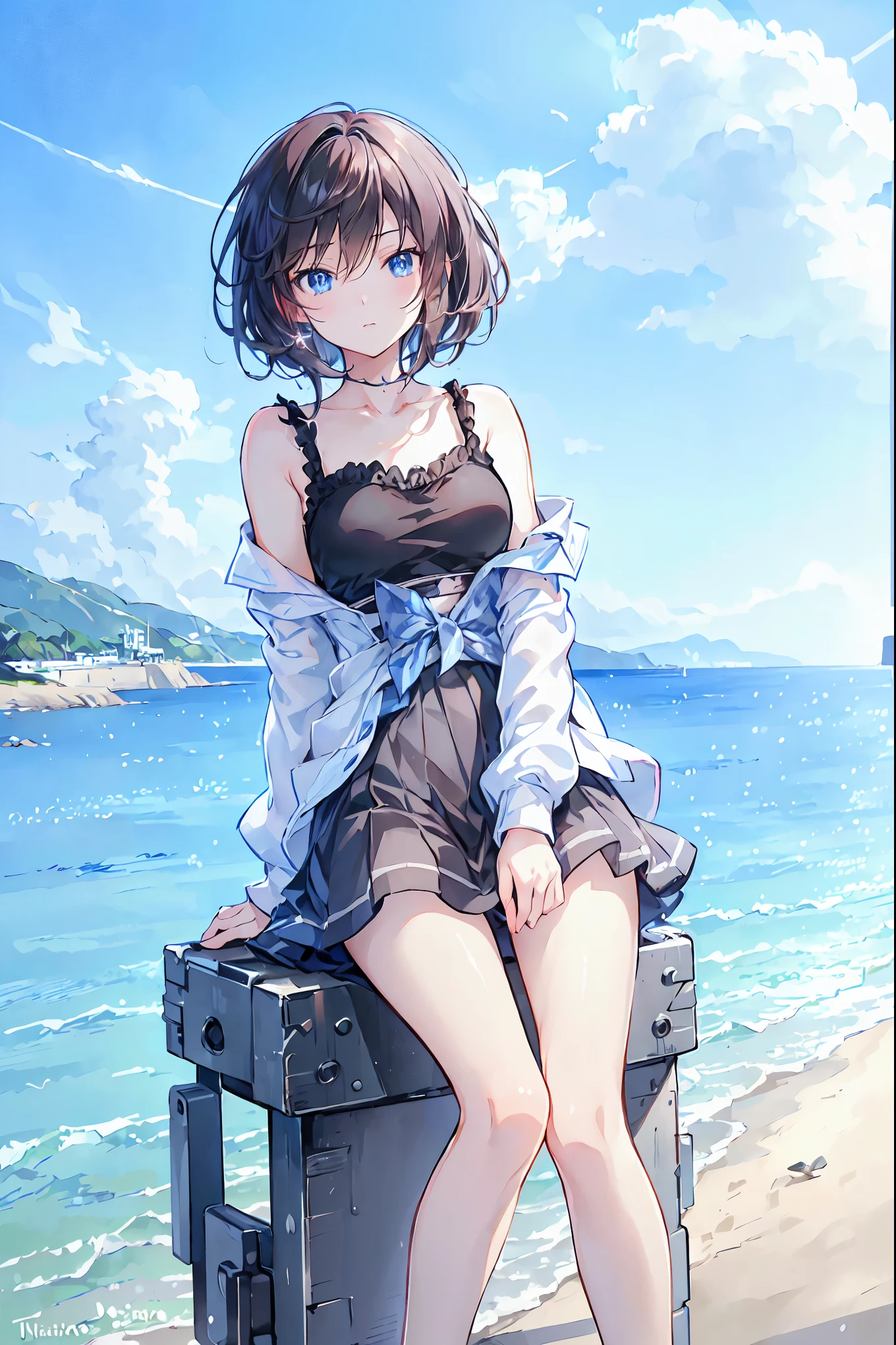((masterpiece)), (anime:1.5), ((Best Quality)), (RAW Photos:1.2), (High resolution:1.5), (Professional photography:1.5), (chromatic aberration), Lighthouse,Two wind turbines at the top of a hill,Factory area,Seaside Park,Flower Field,Distant Sea, early summer,Beautiful sky, Cumulonimbus,One Girl, (Serious), Observe the audience, Plain Shirt, Disheveled Hair, Medium Hair, (Put your hands in your pants), ((Take off your work pants)), ,(Center of chest), Cute waist, Outdoor,trip,((茶色のtripバッグを持っている)), The wind is blowing,National Park,Standing girl,tourist spot,Brown Hair,Shortcuts,Messy Hair,Short braided hair,Neat,Slender beauty,A dignified posture,Small chest,Beautiful feet,Her captivating grey-blue eyes shine like stars,Vibrant colors,Beautiful Eyes,A delicate smile,Textured Skin,The best quality at its best,A kind and beautiful woman,anime風、Black camisole