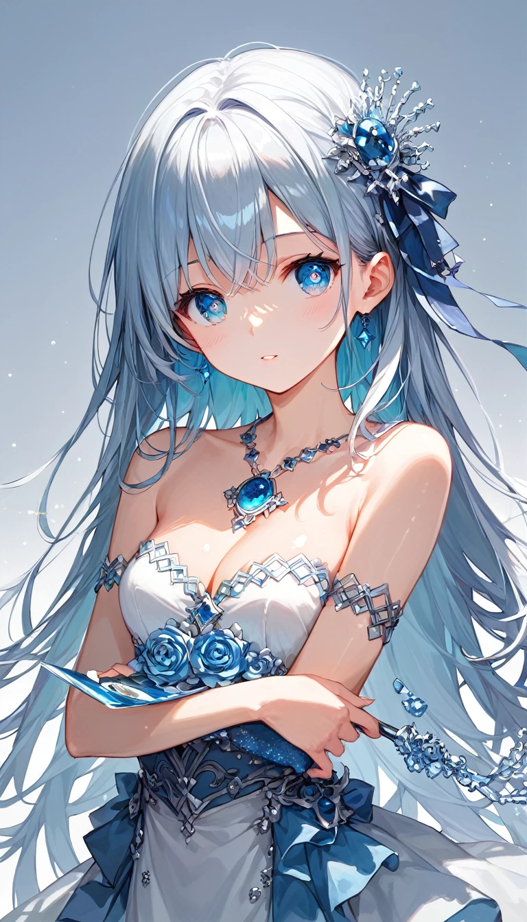 ((Highest quality)),(Ultra-high resolution),Blue dress with flared skirt,High neck、The dress is made of blue roses、Highly detailed CG Unity 8k wallpaper, , Earrings, Blue hair, Curly Hair, Blunt bangs, Straight bangs, Blue eyes, White skin, Gal, Improve、Her flat chest is hidden by her dress、Reduce exposure、