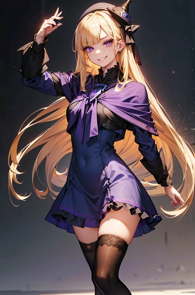 a anime drawing of a very pretty girl that looks like anime style, 1girl, solo, pantyhose, blonde hair, looking at viewer, smile, long hair, open mouth, breasts, sitting, thighband pantyhose, leotard, purple eyes, black pantyhose, long sleeves,Eiko Tsukimi, blue eyes, braid, twin braid,blonde hair,baseball cap