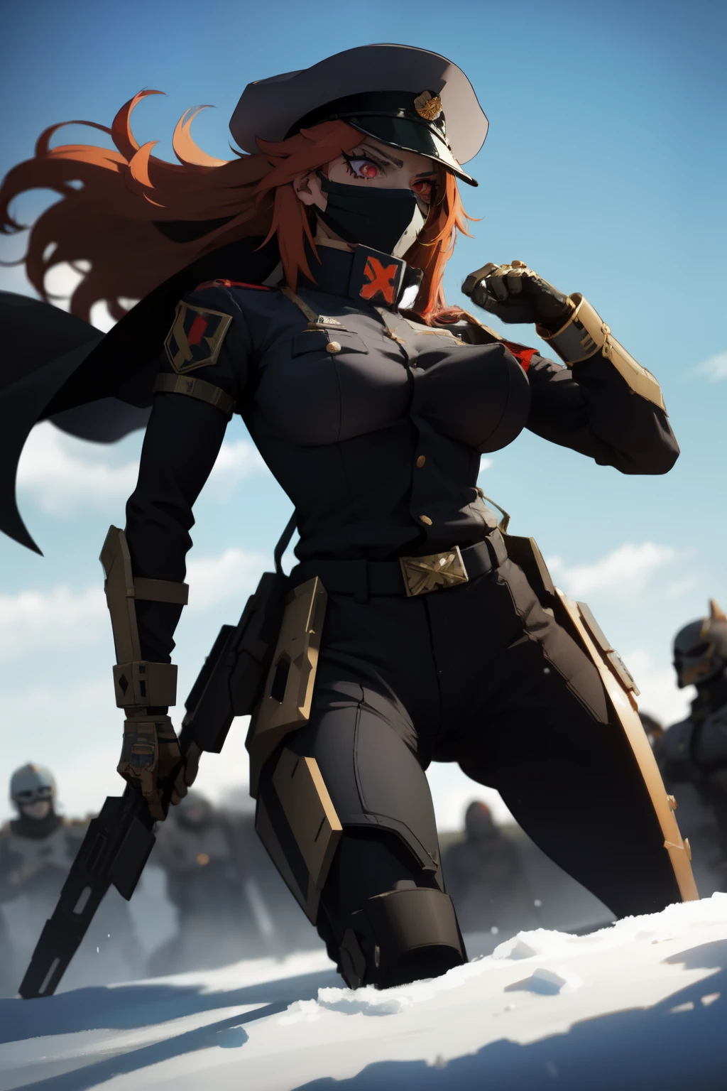  Valeria has deep red hair that falls to her shoulders, Her skin is white as snow, and her ruby red eyes convey a mix of bravery and determination. For combat, He wears light armor adapted for quick movements. It is black with red and orange details., adorned with the insignia of her victories. His iconic look includes an intimidating black mask with orange details., very similar to that of Colonel Mael Radec, that partially hides his face, leaving his eyes visible , giving it an even more imposing air on the battlefield. He also always wears a black military plate cap. 