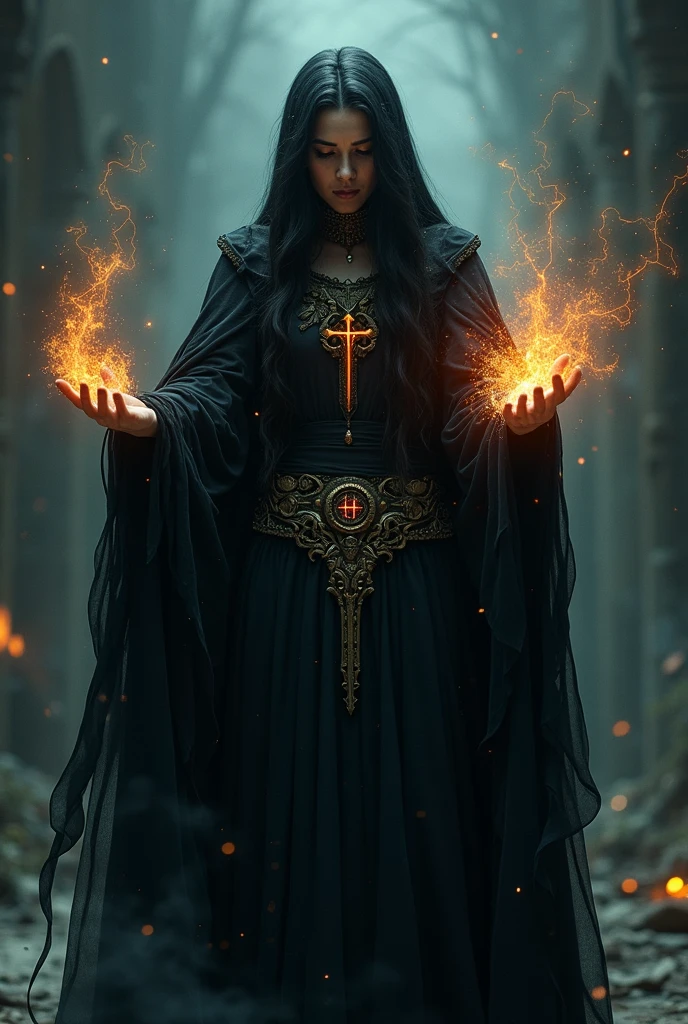 ((Best quality)), ((masterpiece)), ((realistic)), ((beautiful female wizard)) , in a deserted graveyard, during a violent thunderstorm, at midnight, wearing robes and ((holding skulls)), casting spells to summon the spirits of the dead, blood dripping from their fingertips, on eye level, scenic, masterpiece.