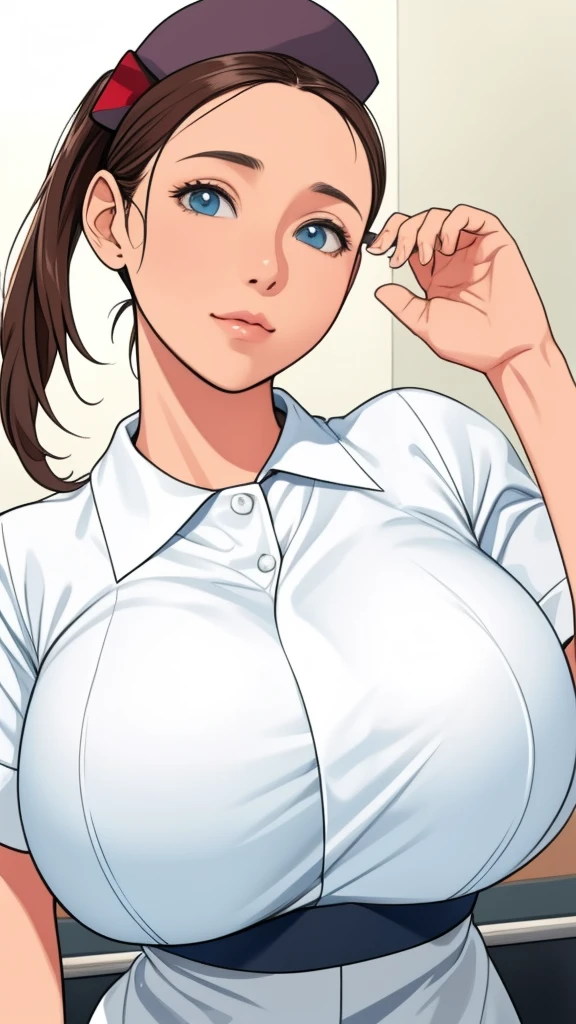  , (Highest quality), Big Head, (1 with gigantic breasts:1.2) Wearing a nurse blouse at the hospital