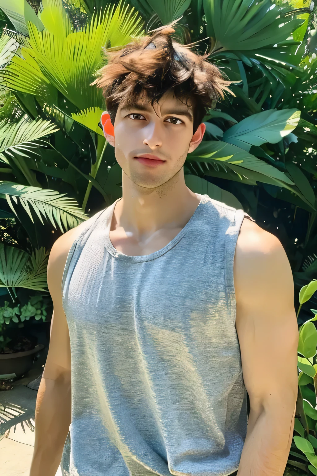 a handsome wearing tank top, upper body, outdoor, 28yo, caucasian, darelljones, ultra realistic, highres, solo, american boy, tropical forest, chill vibe, (masterpiece,best quality:1.5)