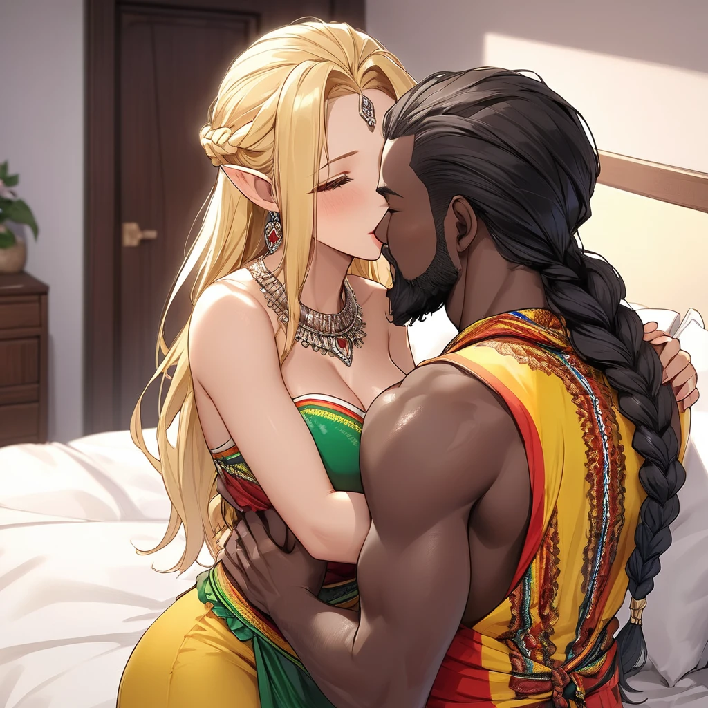 ((Best Quality)), ((masterpiece)), (detailed), （Perfect Face）、The high elf woman is Seras Ashlain, wearing a colorful Ghanaian national costume, gorgeous jewelry, and an engagement ring. Her blonde medium-long hair is finely braided into a braid, giving her the hairstyle of an African woman.、The woman marries a bearded, middle-aged Ghanaian man and becomes a Ghanaian female high elf.、A woman is hugging her husband, kissing him and making love on the bed in the bedroom