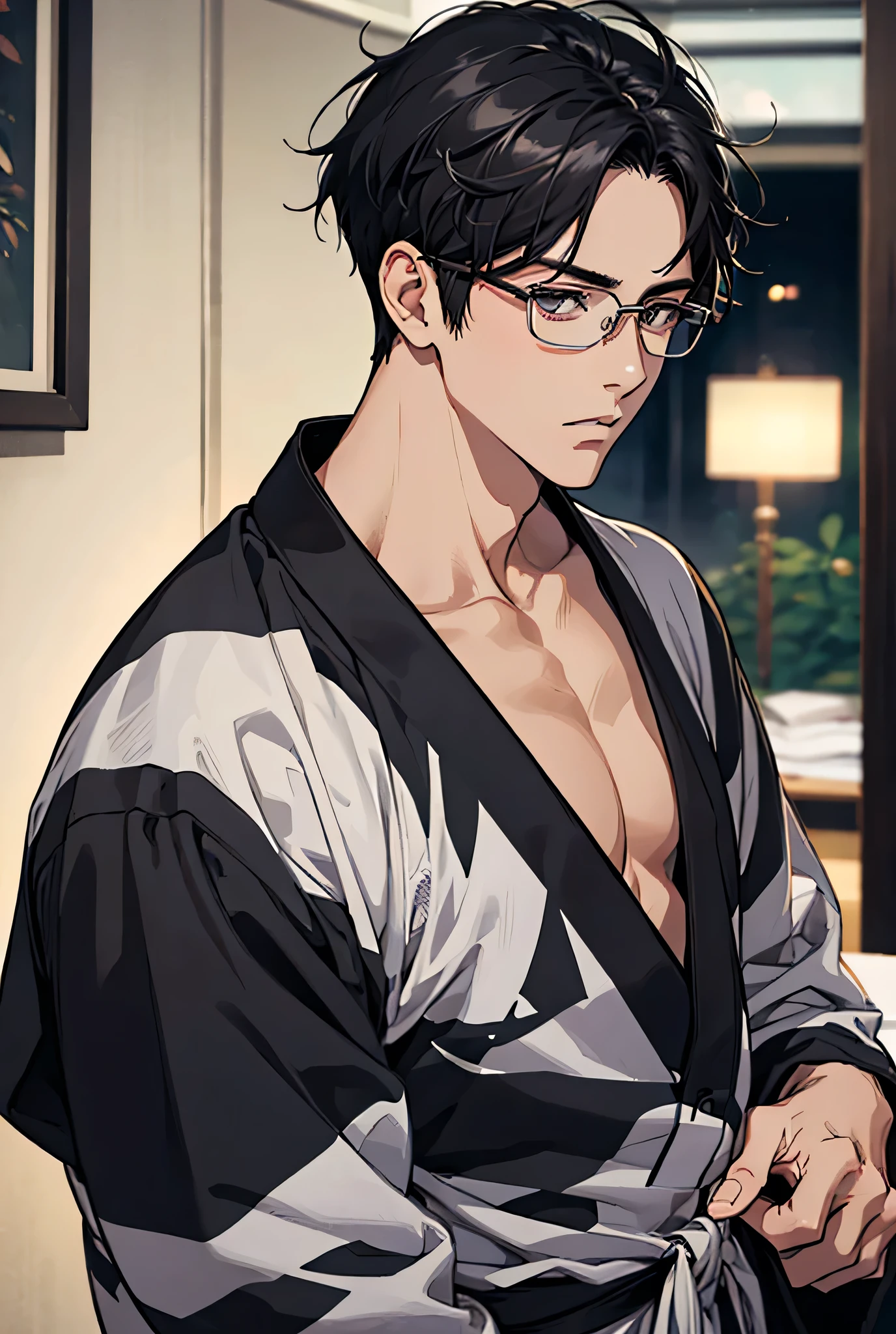 masterpiece, best quality, realistic, 1man, male focus, tall muscular, handsome, [thin eyebrows:0.5], serious, shirtless, portrait, extremely detailed face, black hair, (short hair), shirtless, six packs, full body, Japanese, round glasses, relax