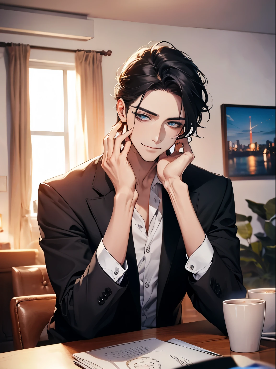 work of art, best quality, 1 mature male, man, maduro, 3, Gray Black Hair, blue eyes, cups, CEO, Expression smile in love, white shirt, photo of the record, background wall, detailed eyes, detailed facial features, realista e de high resolution (best quality, 4K, 8k, high resolution, work of art:1.2), luxury apartment background.