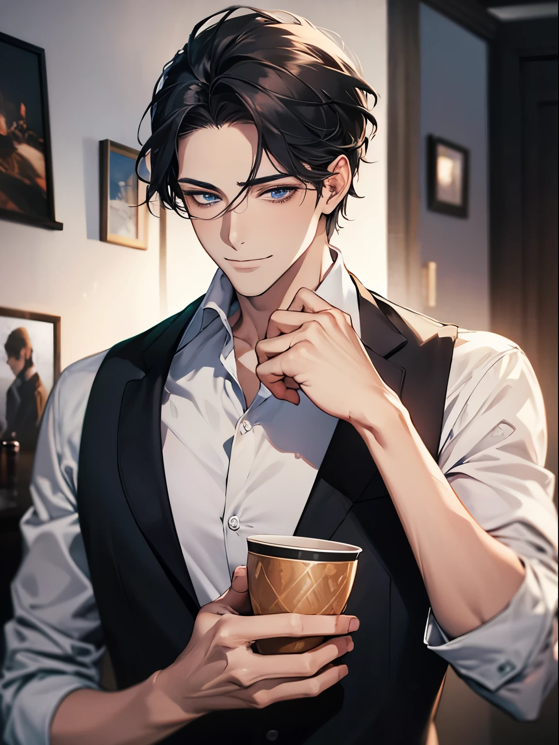 work of art, best quality, 1 mature male, man, maduro, 3, Gray Black Hair, blue eyes, cups, CEO, Expression smile in love, white shirt, photo of the record, background wall, detailed eyes, detailed facial features, realista e de high resolution (best quality, 4K, 8k, high resolution, work of art:1.2), luxury apartment background.