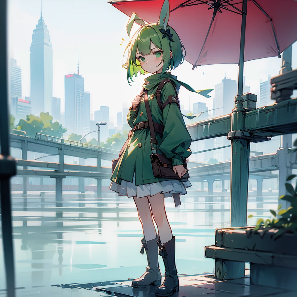 (long Green rabbit ears), green animal ears, (1 girl), green hair, green eyes, bob cut,, frowning, flushed, grumpy, shy, young, alone, Lolita, childhood, , short, overall, rain coat, long boots, red hood, wide pants, harness, fingerless globe, belt, waist pouch, in the city, tiny,y faceacademia, cel anime, Solo