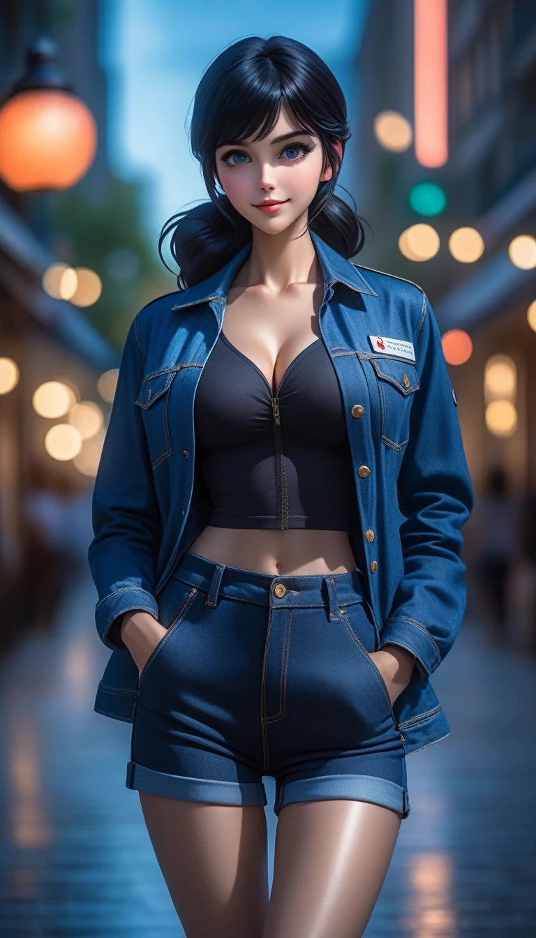 High-detail RAW color, Full body photo, Marinette Dupain-Cheng (Euphoria:1.0), Dark makeup, (dramatic, mystery, Symmetrical background, Optical axis, Dark:1.2), Bokeh, Shallow focus, f2, 85 mm, (backlit:1.1), summer、My Utopian City、Middle of the path、Female nurse、Black long hair up、Blue denim jacket，Denim trousers、Martin boots、Black body（2.0）Standing on a small disc（1.8）Chrome tights, eos, skin_Pores, 8千 high definition, ((Embodying the essence of mature charm, Exquisite, and sexy)), (((She is tall, Hourglass figure, waist, Elongated, Tight legs, Adequate, Peachy back, Flat belly, And toned muscles, Reflects the figure of a supermodel))), (Striking golden eyes), , Vibrant, Expressive Makeup, (((Her perfect roundness、The firm breasts reached an impressive G cup))), She posed provocatively in this outfit, (Extremely detailed:1.3), (Walk with confidence), (Full body display), (Show your whole body),High detail eyes, Highest quality, skin texture, masterpiece, , Movie Lighting, HDR, beauty, Extremely detailed, Amazing,