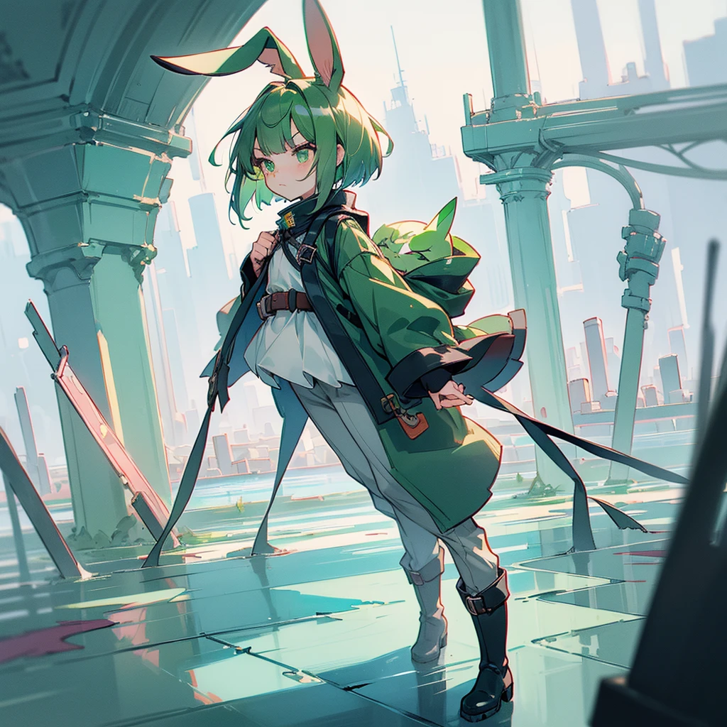 (long Green rabbit ears), green animal ears, (1 girl), green hair, green eyes, bob cut,, frowning, flushed, grumpy, shy, young, alone, Lolita, childhood, , short, overall, black rain coat, long boots, red hood, wide pants, harness, fingerless globe, belt, waist pouch, in the city, tiny,y faceacademia, cel anime, Solo