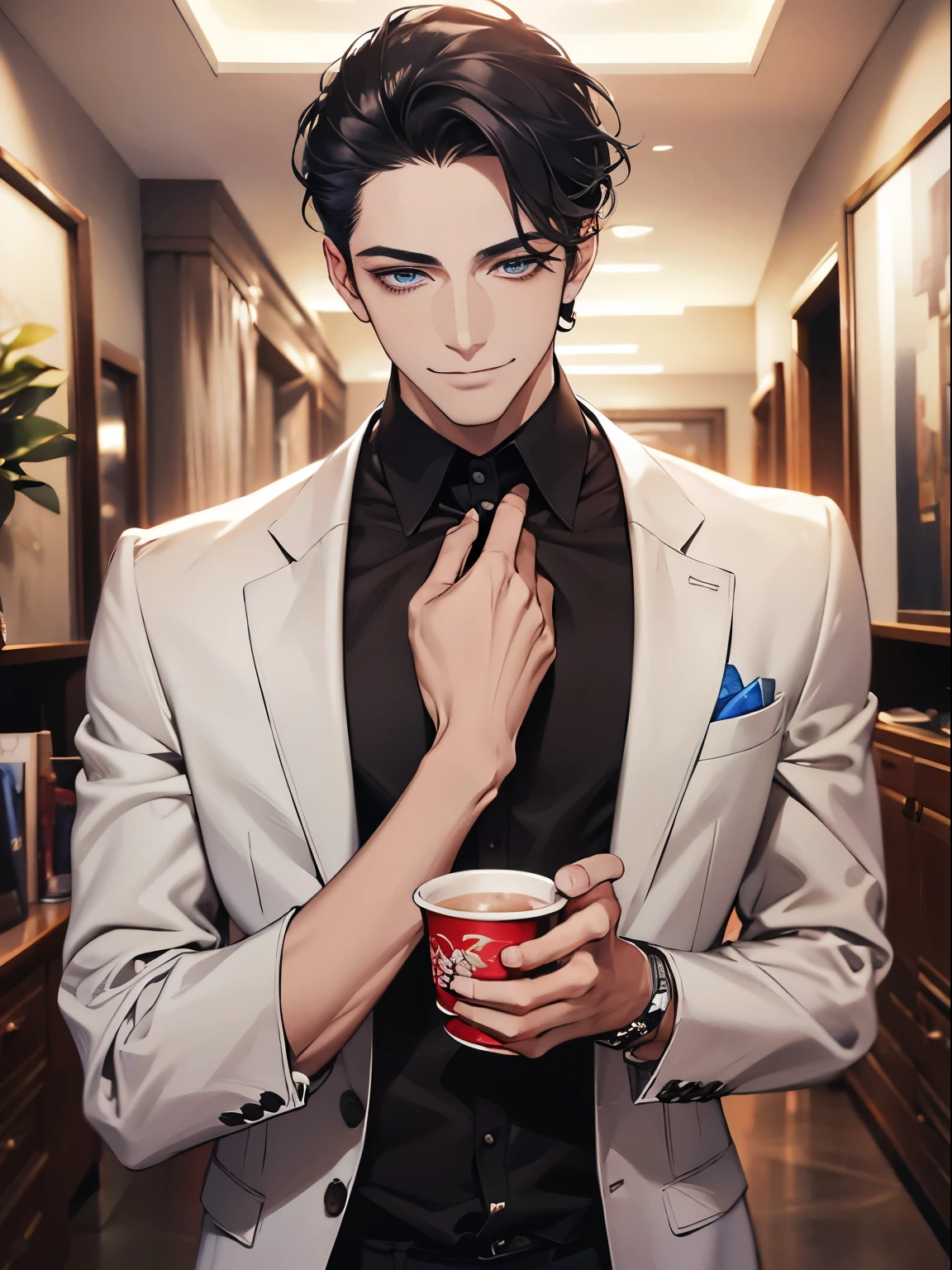 work of art, best quality, 1 mature male, man, maduro, 3, Gray Black Hair, blue eyes, cups, CEO, Expression smile in love, white shirt, photo of the record, background wall, detailed eyes, detailed facial features, realista e de high resolution (best quality, 4K, 8k, high resolution, work of art:1.2), luxury apartment background.