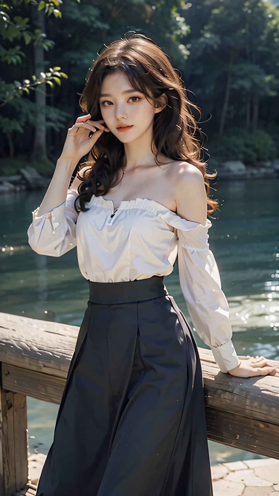 absurdres, RAW photo, extremely delicate and beautiful, masterpiece, Best Quality, ultra high resolution, 32k, hyperrealistic, ultra-detailed, delicate facial features, beautiful detailed woman, tearful mole, earring, medium breasts, full body shot, medium hair, black hair, Legendary Pirate, blouse, short skirt, off shoulder, Eroded Coastline,
