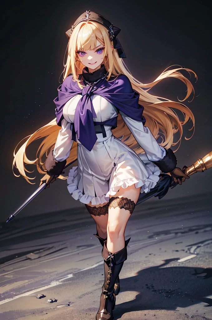(hyper extreme detailed),(masterpeace),(hyper extreme),(photorealistic),CG,(colour:1.2), beautiful lighting,light from the front,rating:safe,solo, bismarck,blonde hair,long hair,red eyes,black_gloves,garter_straps,zettai_ryouiki,pleated_skirt,black_skirt,stoking,high_heels,black shrite,long_sleeves,black_cape,short_dress, wearing military hat, holding a sabre, looking lewd