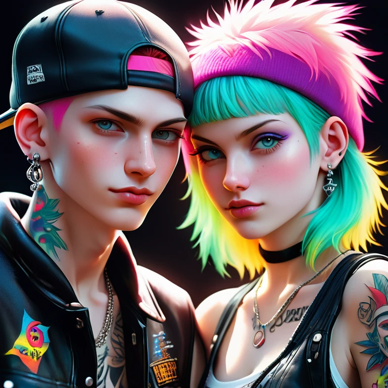 The most detailed digital art, Focus on the eyes, highest quality, very detailed skin, photo of a boy and a girl , 2 very handsome pale skinned Russian punks, 16 years, wear a cap , piercings. earring in the ear . nose ring , tattoo on the neck in the form of an inscription, colorful tattoos all over the body , perfect face, skin pores, penetration , black background, hips , clear focus, grainy lighting, Backlight , film grain, Снято камерой Sony A7R IV, 18мм F/1.7 cine lenses, very detailed, complex detail , 8 k, HDR, front view, upper body .