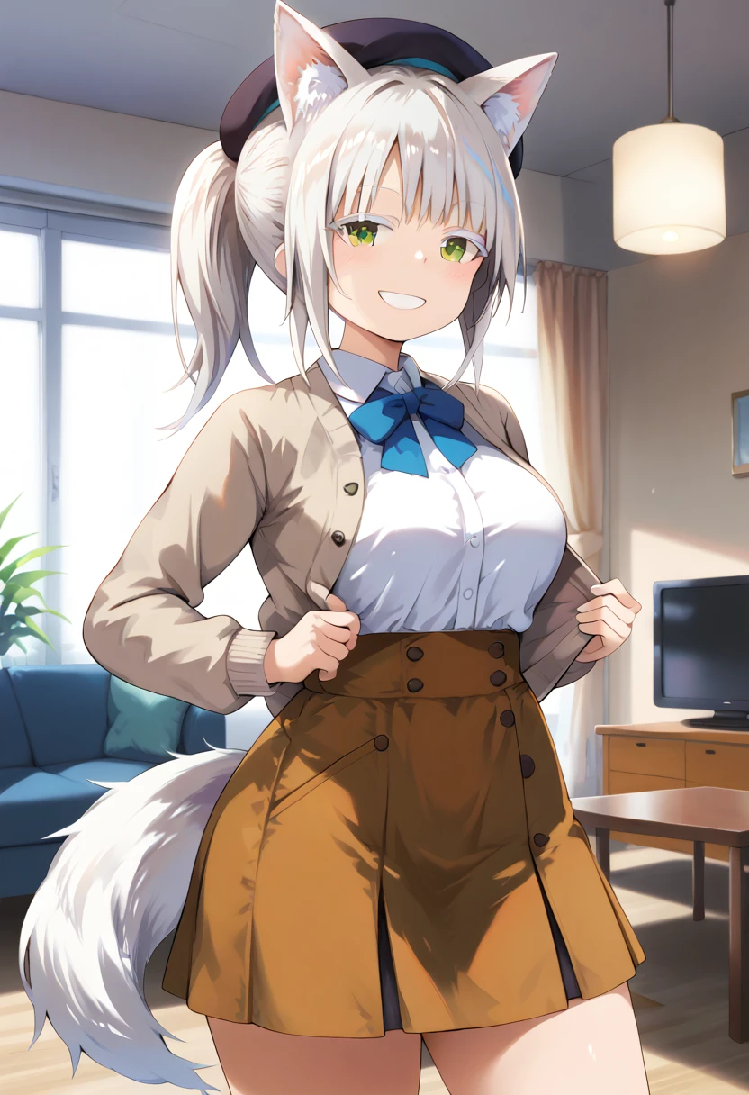 score_9, score_8_up, score_7_up, source_anime, masterpiece, absurdres, perfect face, solo cute expression, perfect face, 1girl, solo, white hair, animal ears, (white eyeliner) ,(green eyes), (white eyeshadow), (white eyelashes), FujisakaLP, bangs, long hair, wolf ears, wolf tail, wide thighs, wide hips, smiling,(mature woman), (big breasts:0.8), best quality, ultra high res, ponytail, extremely detailed face, perfect lighting, ultra high res, ultra detailed, nancy1, looking at viewer, living room, smile, blush, standing, close up view, mio_street, side braid, brown cardigan, open cardigan, white shirt, high-waist skirt, beret, tail wrap,