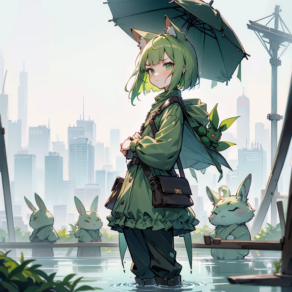 (long Green rabbit ears), green animal ears, (1 girl), green hair, green eyes, bob cut,, frowning, flushed, grumpy, shy, young, alone, Lolita, childhood, , short, black rain coat, long boots, wide pants, harness, belt, pouch, in the city, tiny,y faceacademia, cel anime, Solo