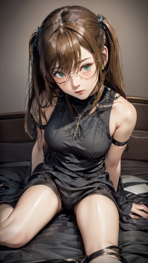 Textured skin, Super detailed, Attention to detail, high quality, 最high quality, High resolution, 1080P, hard disk, beautiful,(War Machine),beautifulサイボーグ女性,Dark Green Mecha Cyborg Girl,battlefield,A middle-aged woman with a mechanical body　syncope　Very short hair、Sweaty brown eyes、Sweaty face、Freckles　Embarrassed expression　　cute　Black-haired　((Steam coming out of my head)) Glasses　　((Spread your legs))　M leg opening　(Shyness)