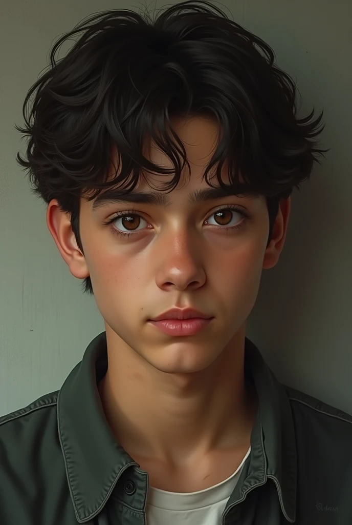 15 anos, cabelo preto e longo, menino, bashful, olhos castanhos, sinais na bochecha, branco