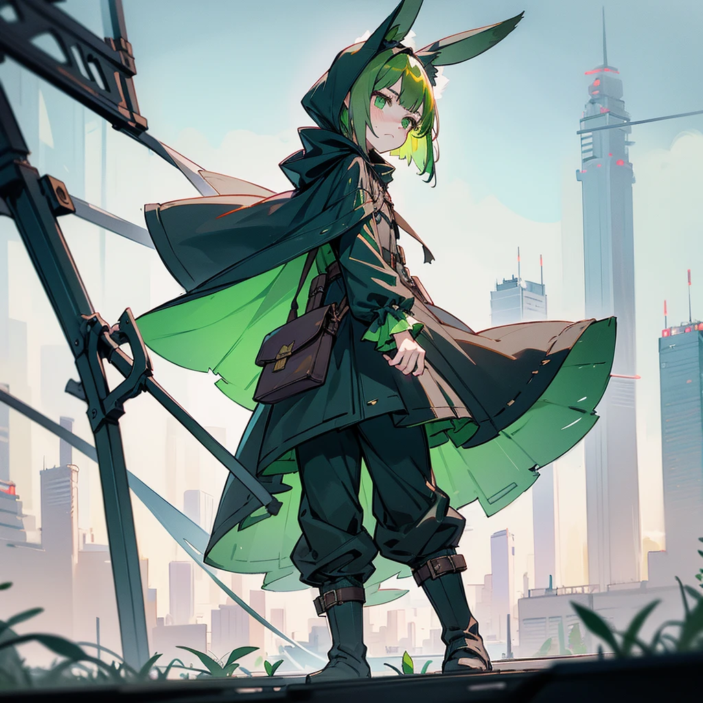 (long Green rabbit ears), green animal ears, (1 girl), green hair, green eyes, bob cut,, frowning, flushed, grumpy, shy, young, alone, Lolita, childhood, child, short, black hood, black rain coat, long boots, wide pants, harness, belt, pouch, in the city, tiny, baby face, pastel academia, cel anime, Solo