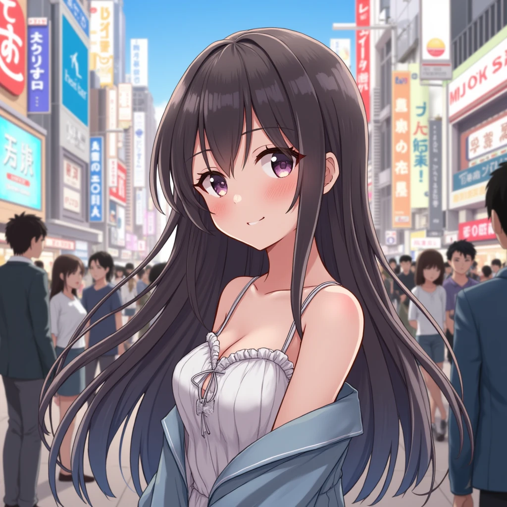 sayuogiwara, Sayu Ogiwara, brown hair, (brown eyes:1.5), medium hair,beautiful breasts, pubic hair, {{Playing guitar naked}},{{outdoor}}, {{Town bustle}},{{main street}},{{Akihabara downtown}},{{congestion}},{{{{surrounded by a crowd}}}, Blue sky,{{{{whole body}}}}, NSFW, (smile)