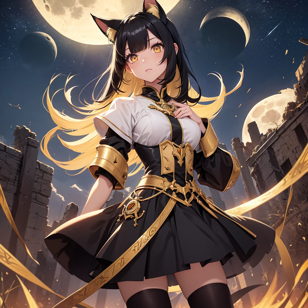 Only one person is depicted,Image from the knees up masterpiece, Best Quality, Black Hair, Hair length down to chest,hime cut, Cat ears, Golden Eyes, A dignified expression, Black and gold two-tone armor, The chest size is medium, Black thigh-high socks, Black mini skirt, Night sky with a big full moon,Looking up at the moon from the top of a tall ruined tower