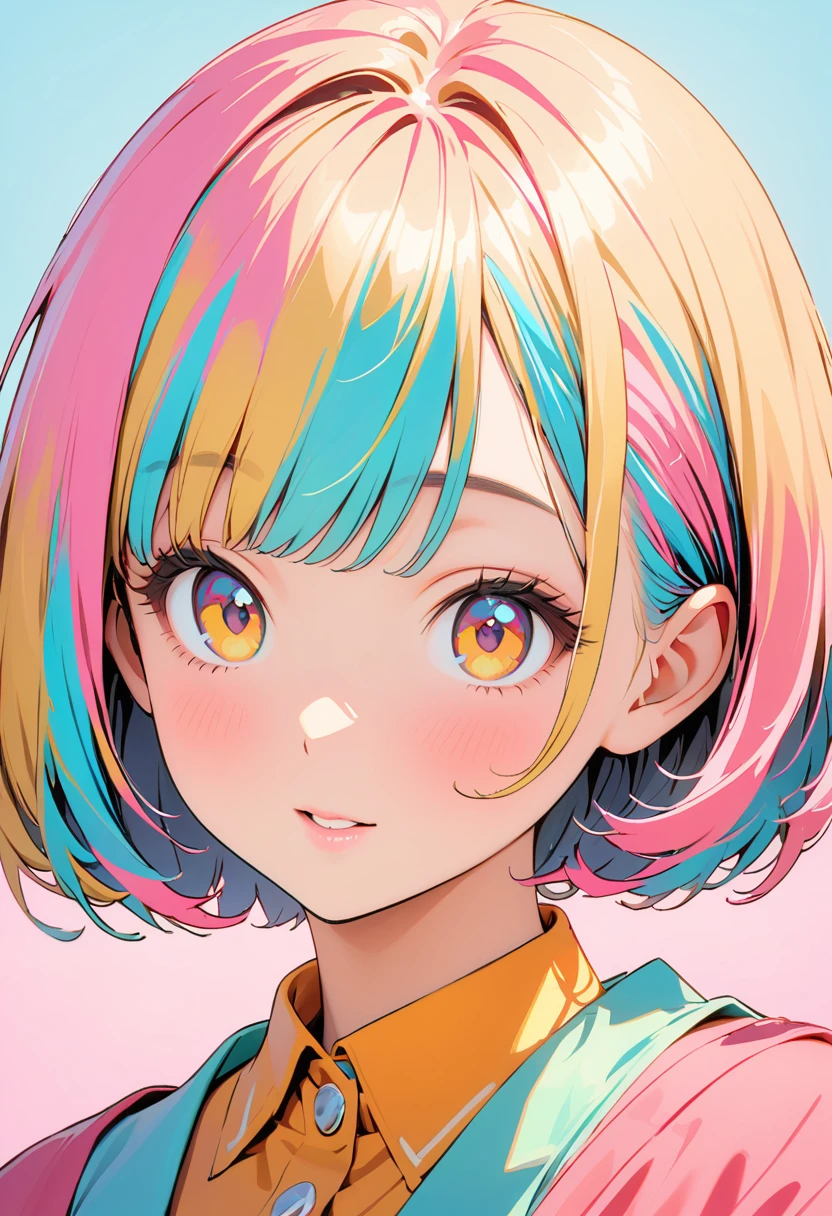 (Best Quality:1.2, City Pop Style, Very detailed, Latest, Vibrant, High contrast, masterpiece:1.2, Best Quality, Best aesthetics), girl, ((Front close-up shot:1.4)), Colorful Hair, Bobcut, Pastel colors, 1980s Style, ((Retro Vintage, Plain background))