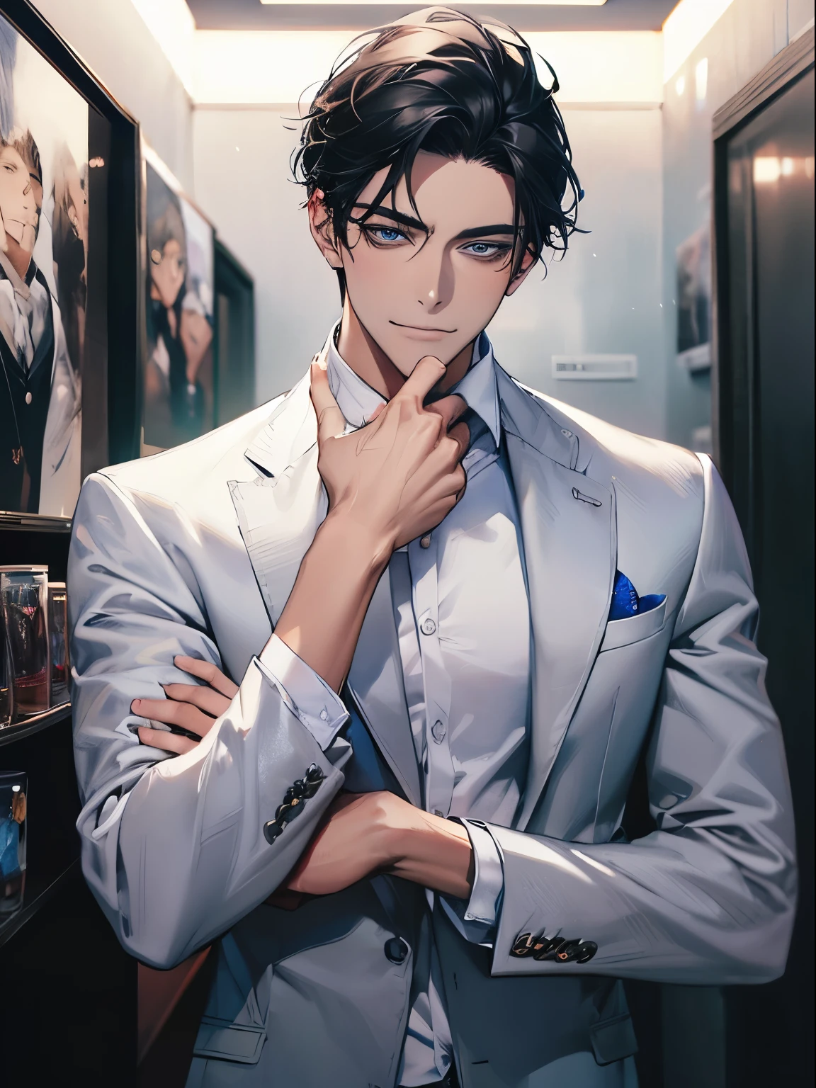 work of art, best quality, 1 mature male, man, maduro, 3, Gray Black Hair, blue eyes, cups, CEO, Expression smile in love, white shirt, photo of the record, background wall, detailed eyes, detailed facial features, realista e de high resolution (best quality, 4K, 8k, high resolution, work of art:1.2), luxury apartment background.