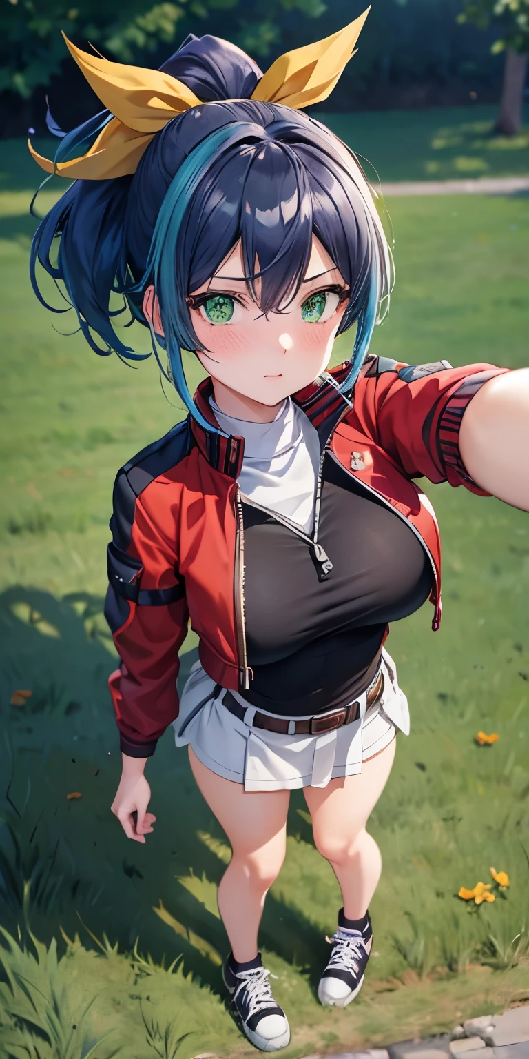 1 Female,High definition,high resolution,Ultra-realistic,8K, aaserena, yellow ponytail, ((multicolored hair)),green eyes, red jacket, black shirt, belt, white skirt, tight skirt, miniskirt ,black sneakers,large breasts,European,sexy,Upper body close-up,Photographed from the front,Dynamic Angles,private teacher,A little sheer underwear,blue underwear,blush, big tits ,(show panties ),(selfie),(top view),(full body), Multicolored hair 