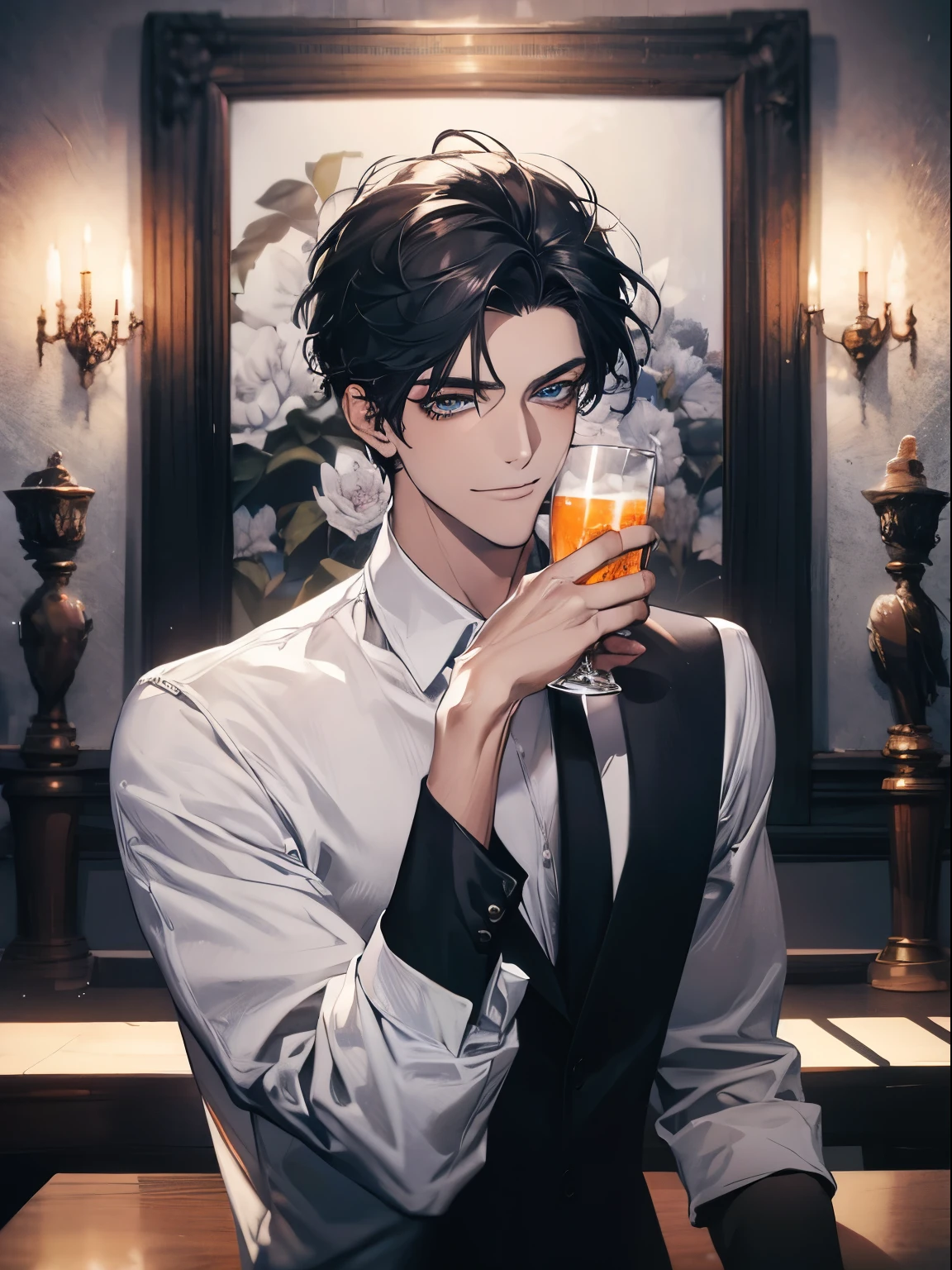 work of art, best quality, 1 mature male, man, maduro, 3, Gray Black Hair, blue eyes, cups, CEO, Expression smile in love, white shirt, photo of the record, background wall, detailed eyes, detailed facial features, realista e de high resolution (best quality, 4K, 8k, high resolution, work of art:1.2), luxury apartment background.