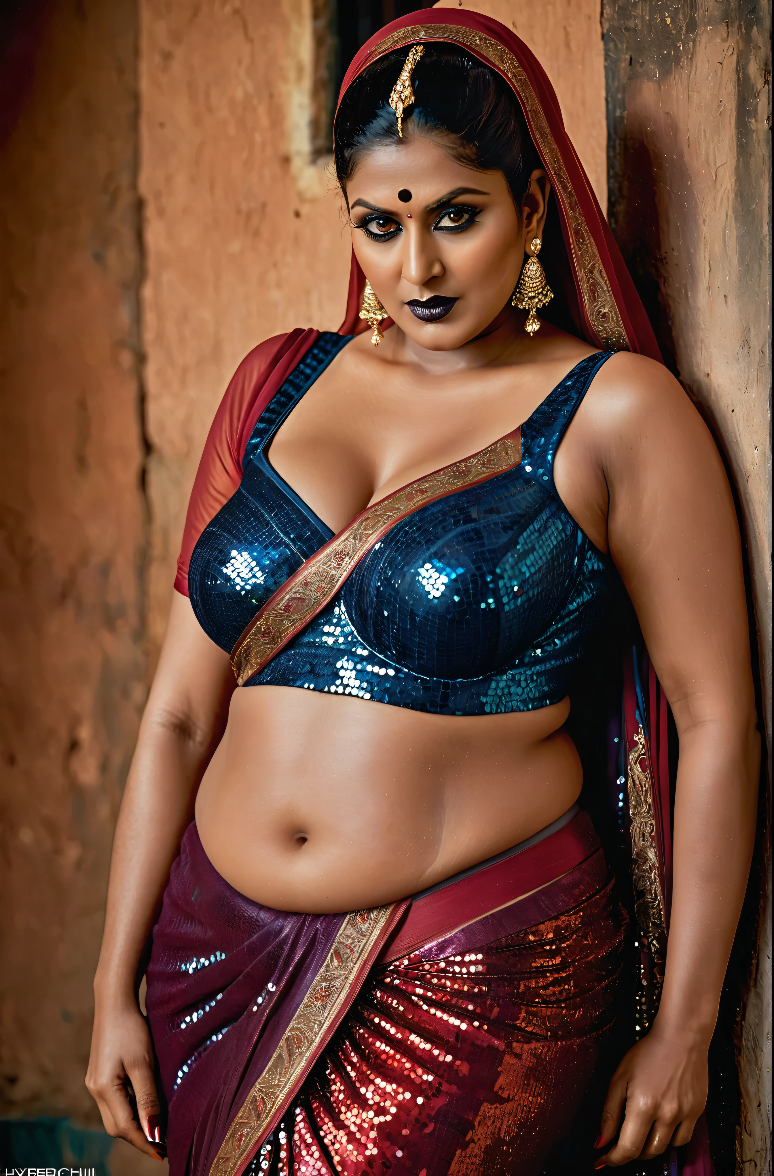 Looks like Nayanthara, full body Closeup shot, Big chubby aunty, milf, cougar lady witch, horny Gothic milf,  70 years old gorgeous mature lady, pervert demoness, demoness of lust, curvy, black lips, horny face, extremely gorgeous, thick figure, heavy physique, voluptuous, curvy, sexy figure, Fashionable portrait of androgynous alien looking witch wearing veil, glowing eyes, futuristic design, minimal details, givenchy, photoreal, 200mm, hd, f/ 2.0, highly detailed, surreal, sexy beautiful evil woman, sexy bold sequin Saree with strapless Bra, chudail, Pishachini, horror genre, blood-thirsty enchantress, powerful female spirit, eerie, drop dead, in the style of red and blue, (intricate details, hyperdetailed:1.15) (skin texture:1.2), dark Moody tone, cinematic lighting, haunted place in background, hot Amma, hot aunty, hot bhabi, hot Chachi, heavy figure, fleshy figure, heavy and saggy breast, spicy hot woman, evil goddess, 
