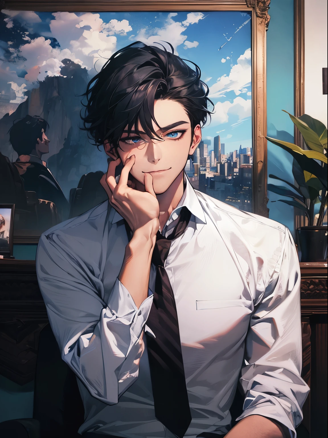 work of art, best quality, 1 mature male, man, maduro, 3, Gray Black Hair, blue eyes, cups, CEO, Expression smile in love, white shirt, photo of the record, background wall, detailed eyes, detailed facial features, realista e de high resolution (best quality, 4K, 8k, high resolution, work of art:1.2), luxury apartment background.
