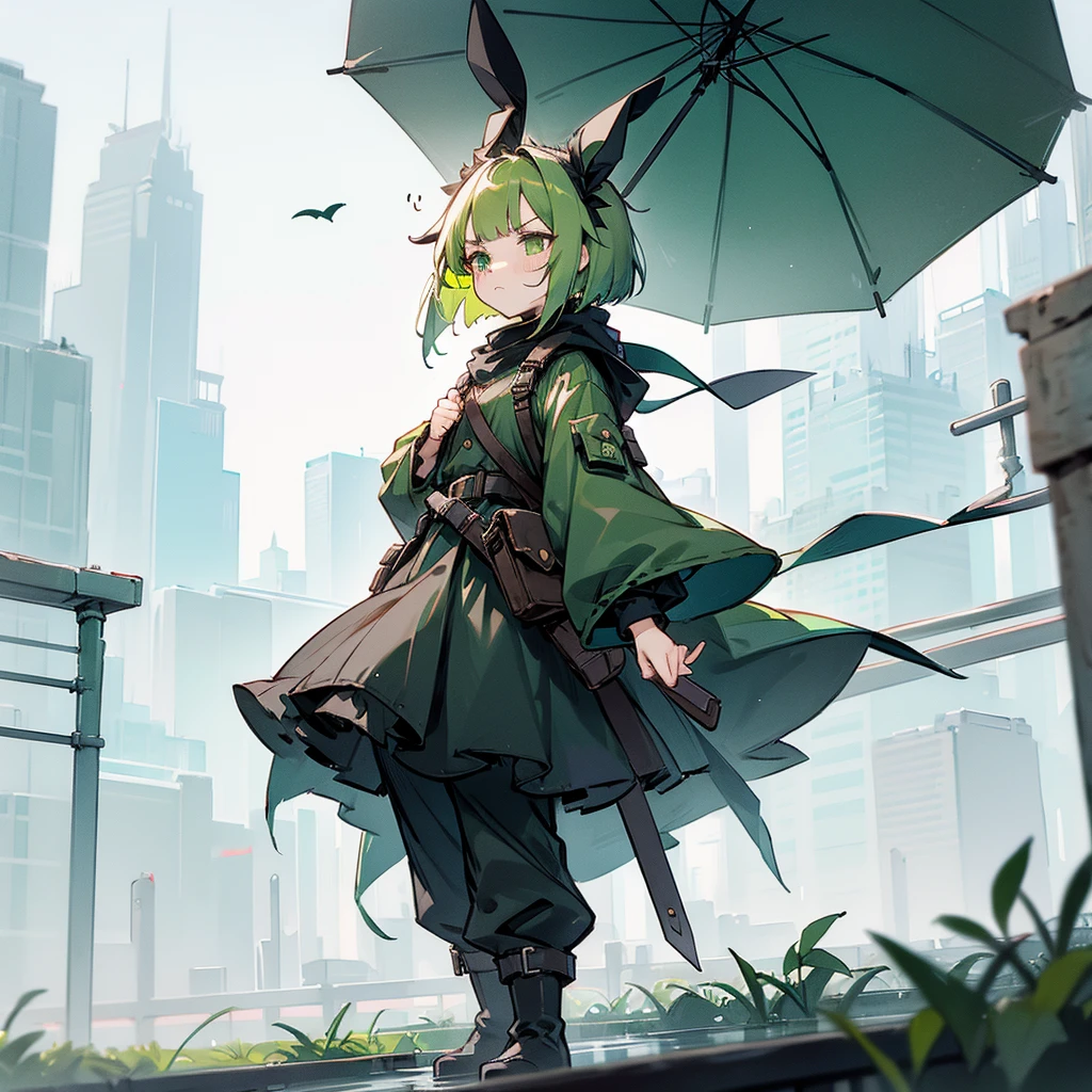 (long Green rabbit ears), green animal ears, (1 girl), green hair, green eyes, bob cut,, frowning, flushed, grumpy, shy, young, alone, Lolita, childhood, , short, black hood, black rain coat, long boots, wide pants, harness, belt, pouch, in the city, tiny,y faceacademia, cel anime, Solo