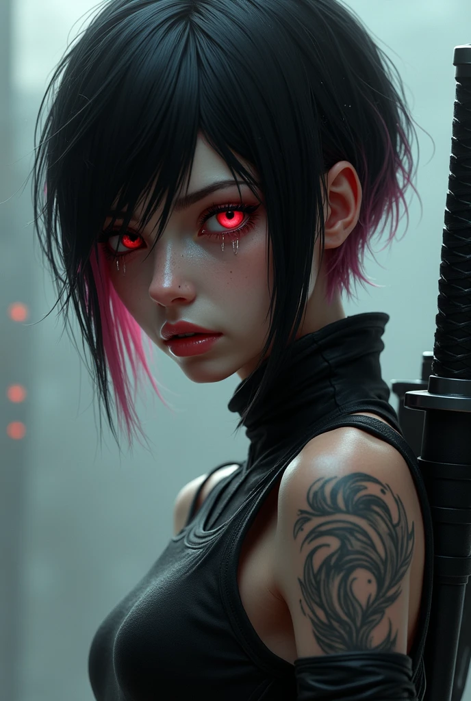 cyborg girl, young, short dark hair, injured, torn body parts, mechanical parts coming out of the body, skin half ripped off, gore, bloody, horror, dark, gritty, glowing red eyes