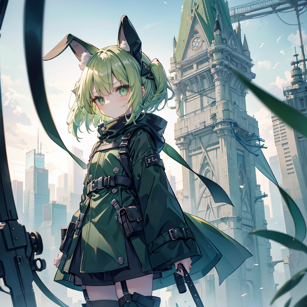 (long Green rabbit ears), green animal ears, (1 girl), green hair, green eyes, bob cut,, frowning, flushed, grumpy, shy, young, alone, Lolita, childhood, , short, black hood, black rain coat, long boots, wide pants, harness, belt, pouch, midnight, tiny,y faceacademia, cel anime, Solo