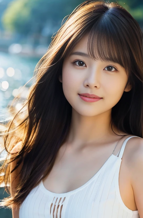 In detail, High resolution, high quality、Perfect dynamic composition, Beautiful attention to detail, Medium Hair, nature 、Natural color lip, (((Exposed outside)))、Cute Smile、Dazzling Sun、Clear Skin、Shiny Hair、Sea of Miyakojima、(((Hand Good)))、((naked))