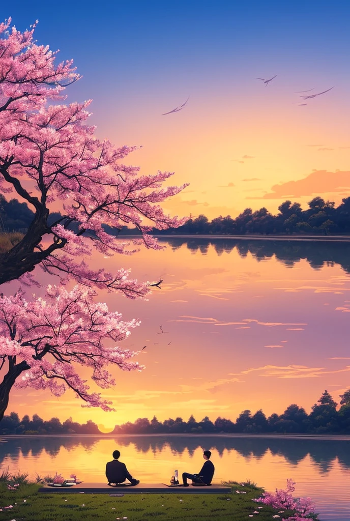 a man sitting under a sakura tree by a river, watching the sunset, beautiful detailed face and eyes, beautiful detailed clothing, vibrant colors, warm color palette, stunning scenery, tranquil atmosphere, serene landscape, flowing river, petals falling from the tree, soft focus background, beautiful, warm golden sunset lighting, Drawing, sketch 