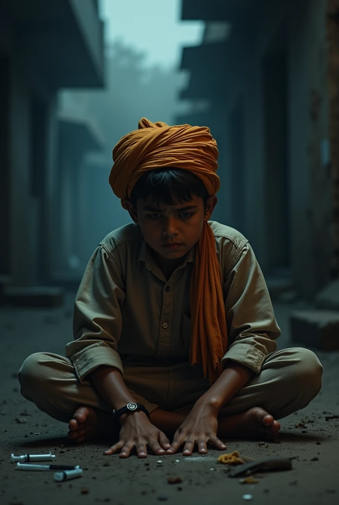 A boy sit on a dark stair with ornage panjabi
