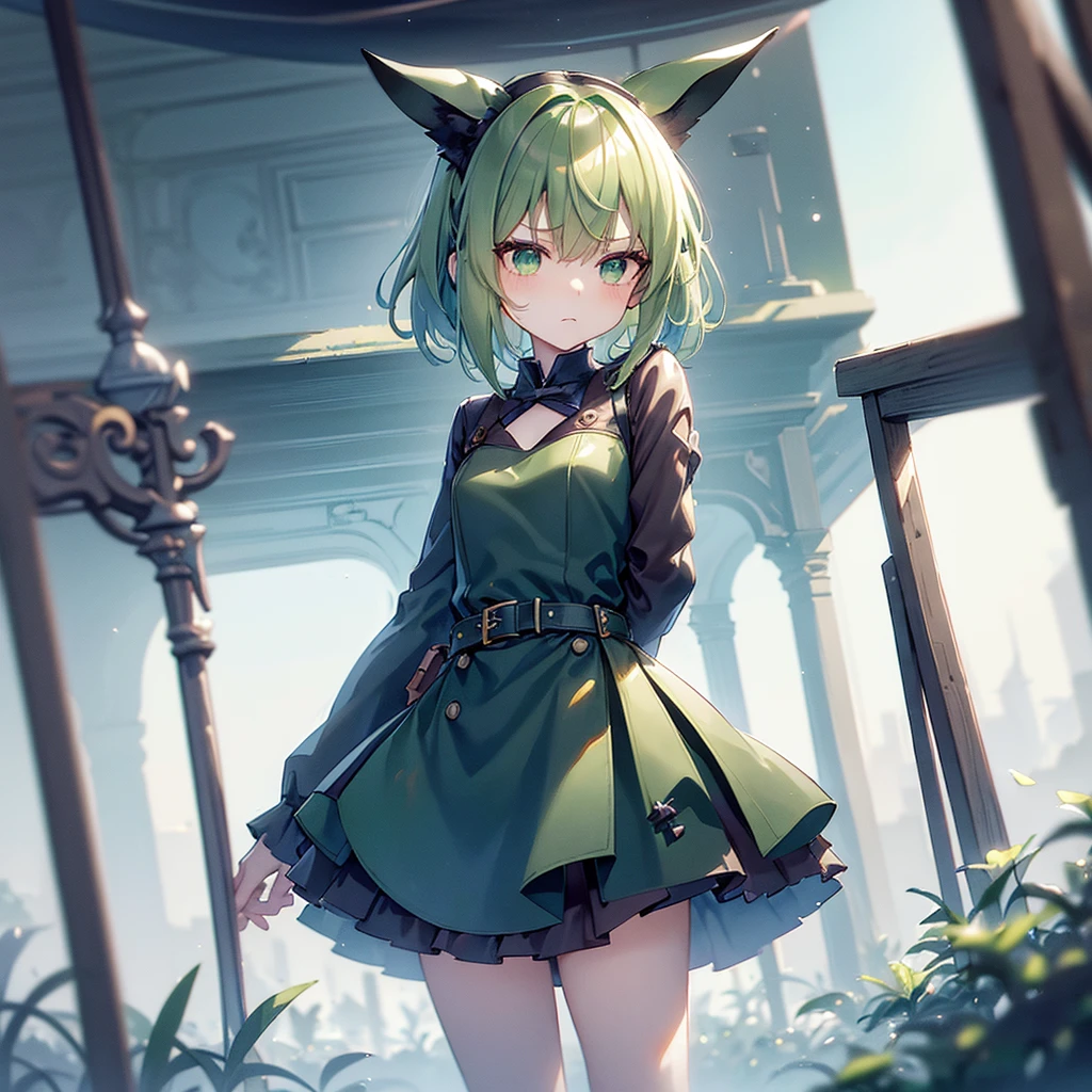 (long Green rabbit ears), green animal ears, (1 girl), green hair, green eyes, bob cut,, frowning, flushed, grumpy, shy, young, alone, Lolita, childhood, , short, black hood, black rain coat, long boots, wide pants, harness, belt, pouch, with one hand Axe, midnight Forest, tiny,y faceacademia, cel anime, Solo